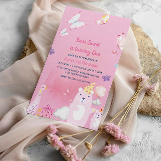 Invitación Oso de peluche y pato Rosa Primera bebé cumpleaños