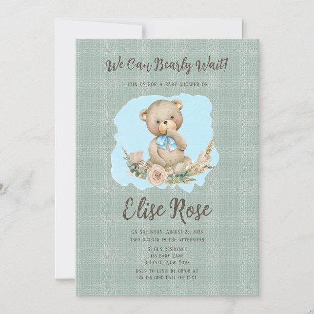 Invitación Oso de peluche y Rosa Laurel Boy Baby Shower (Anverso)