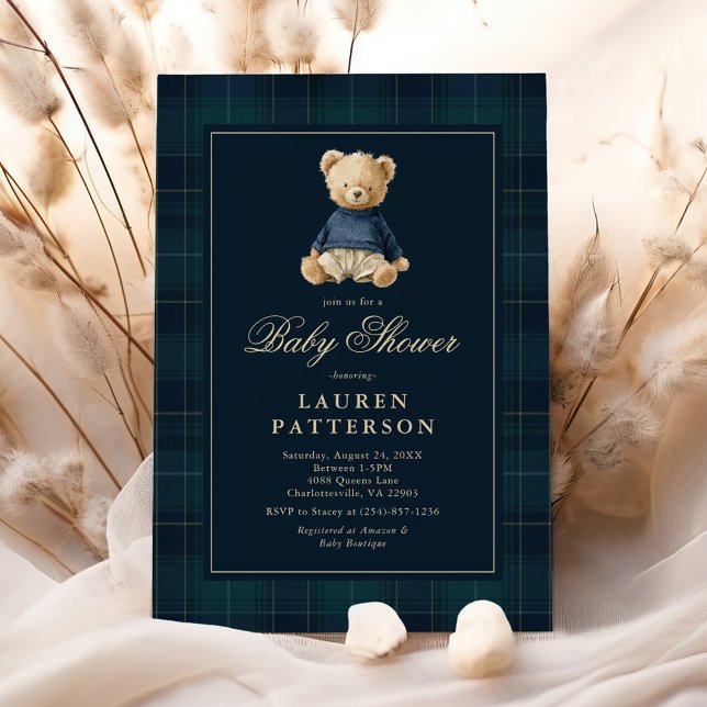 Invitación Oso de Polo de Tartán Preppy para Baby Shower (Subido por el creador)