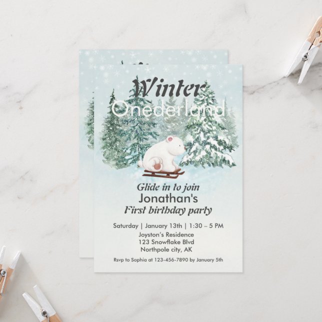 Invitación Oso de primer cumpleaños de Onederland en invierno (Anverso/Reverso In Situ)