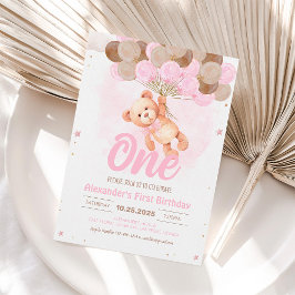 Invitación Oso de primer cumpleaños rosado con globos