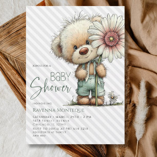 Invitación Oso de rayas grises Daisy Limpio Bebé Niño Baby Sh