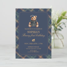 Oso de Tartán Navy Plaid Girl 1er Cumpleaños