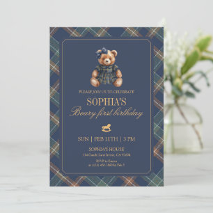 Invitación Oso de Tartán Navy Plaid Girl 1er Cumpleaños