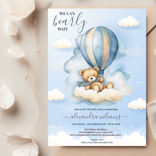 Invitación Oso De Teddy Azul Podemos Esperar A Baby Shower (Subido por el creador)