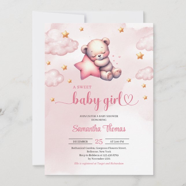 Invitación Oso de Teddy con estrellas chica ducha de bebé (Anverso)