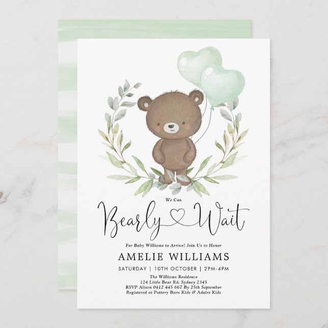 Invitación Oso De Teddy Con Globos Baby Shower Neutral (Anverso / Reverso)