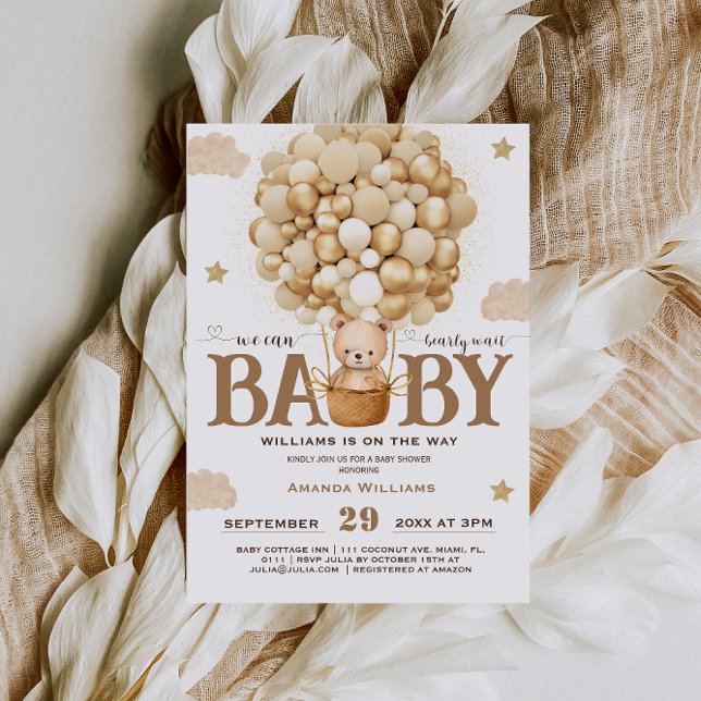 Invitación Oso De Teddy Con Globos Baby Shower Neutral De Oro (Subido por el creador)