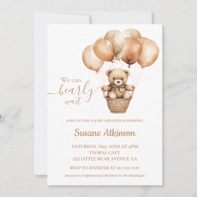 Invitación Oso de Teddy con globos Boho Neutral Baby Shower (Anverso)