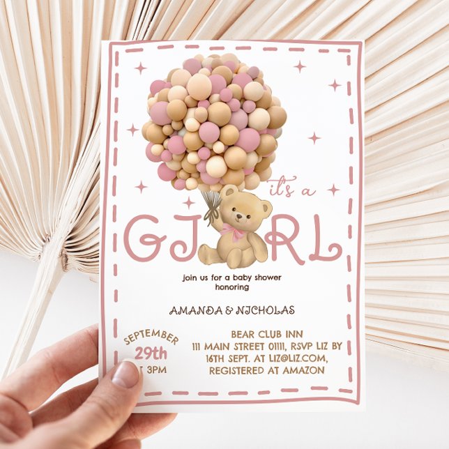Invitación Oso De Teddy Con Globos Chica Rosa Ducha (Subido por el creador)