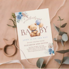 Invitación Oso De Teddy Con Rosa Azul Boho De Globo Baby Show