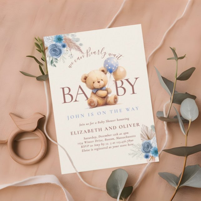 Invitación Oso De Teddy Con Rosa Azul Boho De Globo Baby Show (Subido por el creador)