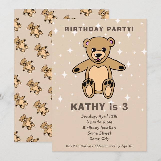 Invitación Oso De Teddy Cuto Dibujo Niño Beige Chica Cumpleañ (Anverso / Reverso)