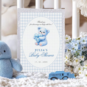 Invitación Oso de Teddy de Gingham Azul Cumpleaños Neutral de