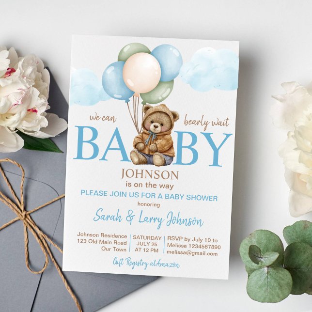 Invitación Oso de Teddy ducha bebé bebe esperar lindo teddy (Teddy bear baby shower invitation template bearly wait bear with balloons clouds instant download)