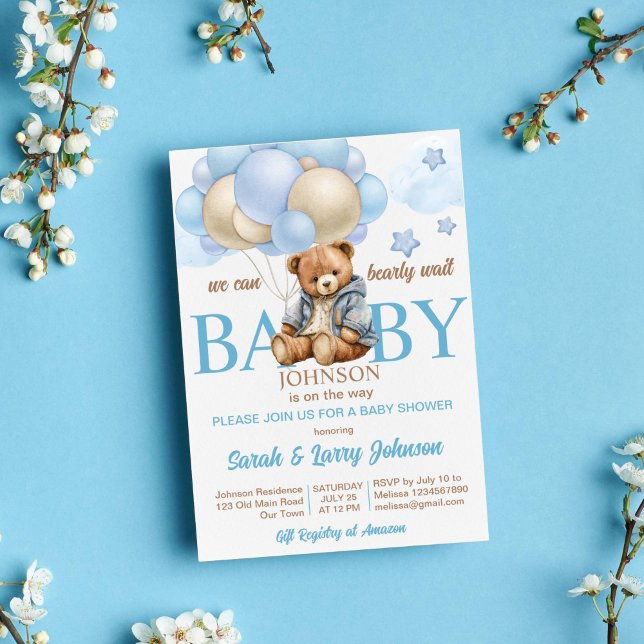 Invitación Oso de Teddy ducha bebé bebe esperar lindo teddy (Teddy bear with balloons baby shower invitation template instant download cute teddy in a jacket blu)