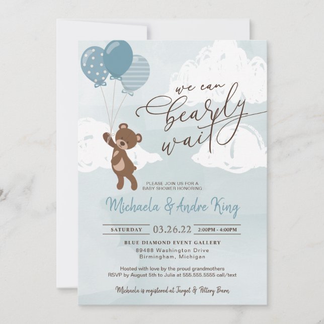 Invitación Oso de Teddy flotando con el Baby Shower de Balloo (Anverso)