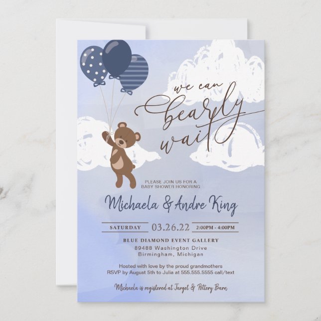 Invitación Oso de Teddy flotando con el Baby Shower de Balloo (Anverso)