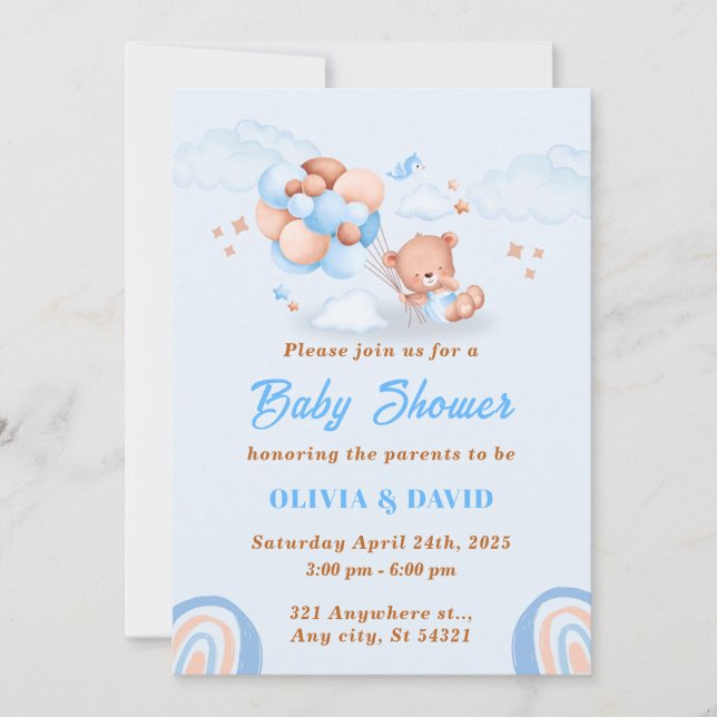 Invitación Oso De Teddy, Globos Baby Shower Azul Y Marrón (Anverso)