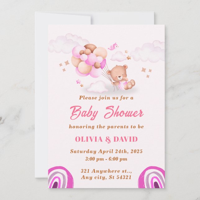 Invitación Oso De Teddy, Globos De Baby Shower Rosa Y Marrón (Anverso)