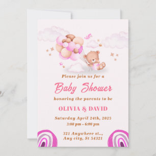 Invitación Oso De Teddy, Globos De Baby Shower Rosa Y Marrón