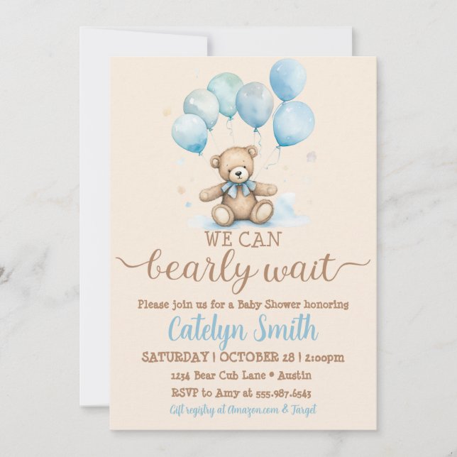 Invitación Oso de Teddy Oso Baby Shower Boy Bear and Balloons (Anverso)