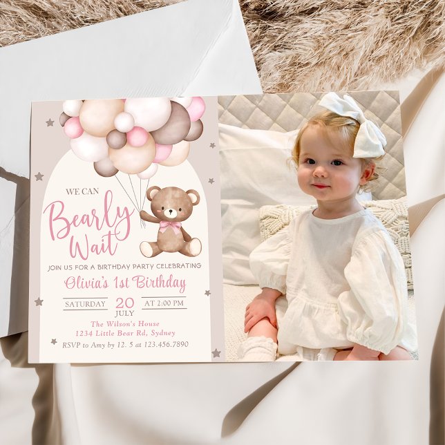 Invitación Oso De Teddy Rosa Con Globos Foto De Cumpleaños (Subido por el creador)