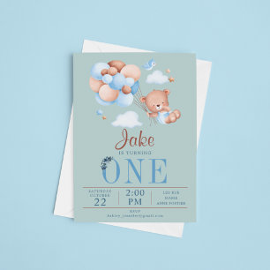 Invitación Oso De Teddy Y Bebé Globo Cumpleaños