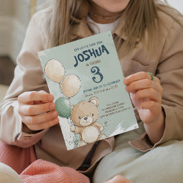 Invitación Oso de Teddy y globos Niños verdes Fiesta de cumpl