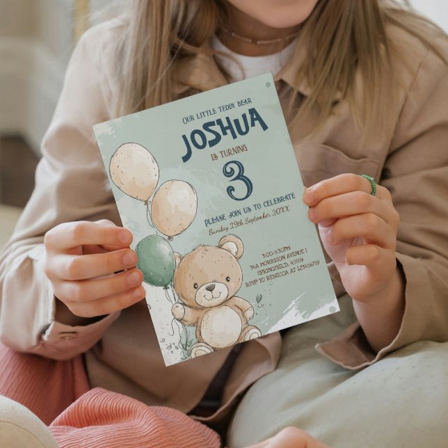 Invitación Oso de Teddy y globos Niños verdes Fiesta de cumpl (Subido por el creador)
