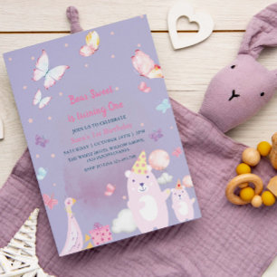 Invitación Oso de Teddy y pato Purple Primera bebé cumpleaños