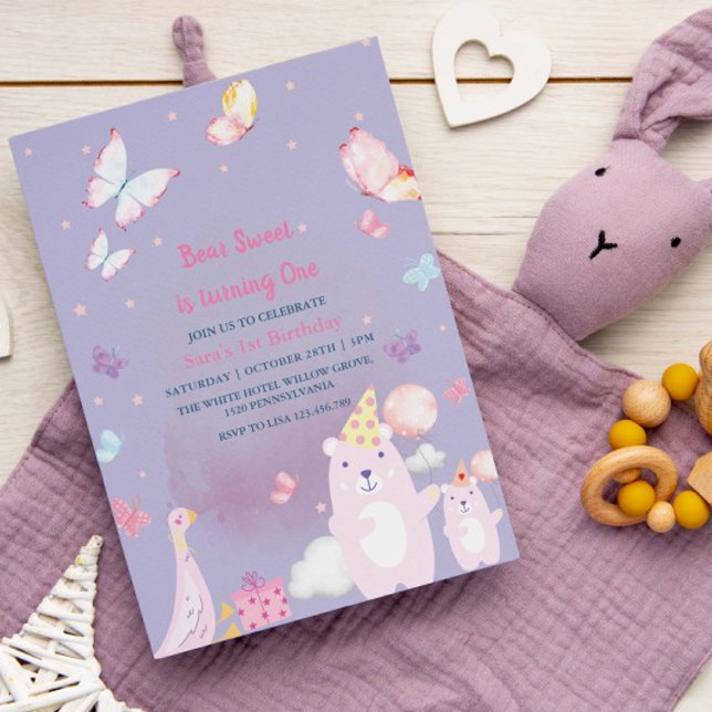 Invitación Oso de Teddy y pato Purple Primera bebé cumpleaños (Subido por el creador)