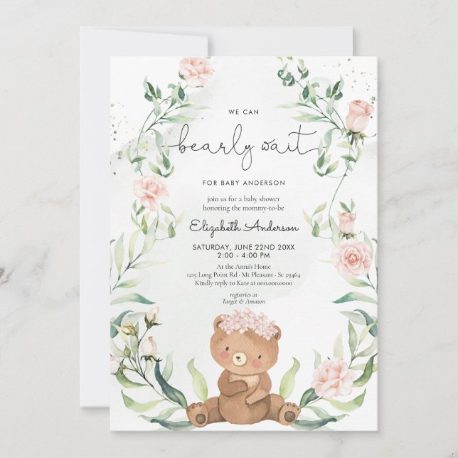 Invitación Oso de verde Rubor Chica floral rosa Baby Shower (Anverso)