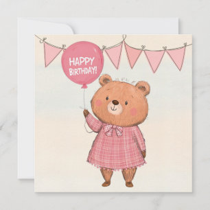 Invitación Oso de vestido rosado fresco con globo rosa