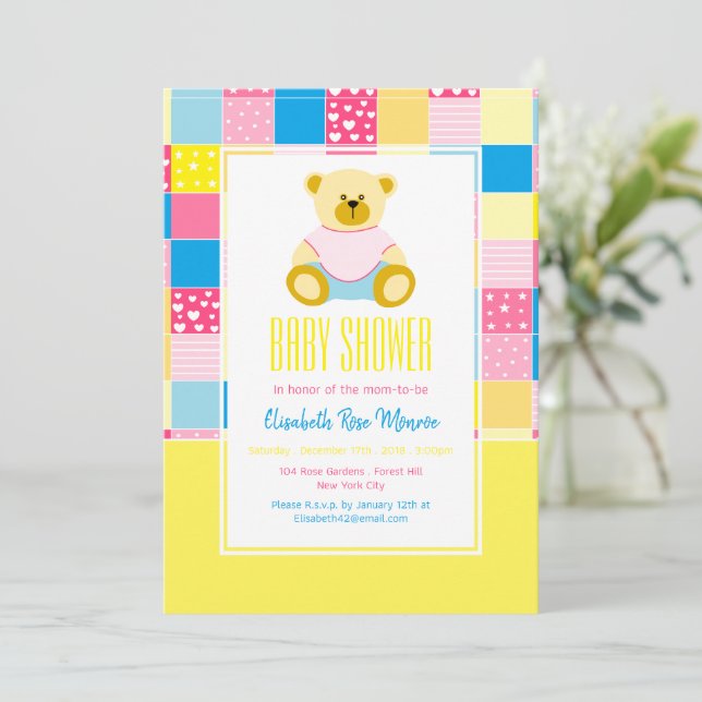 Invitación Oso dorado de trabajo en mosaico, Baby Shower (Anverso de pie)