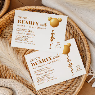 Invitación Oso dorado elegante Globo Oso Apenas espera Neutra