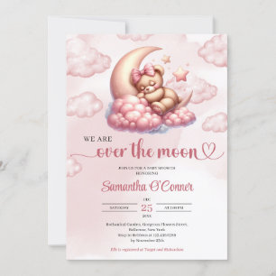 Invitación Oso dorado rosa de moda sobre la luna Baby Shower