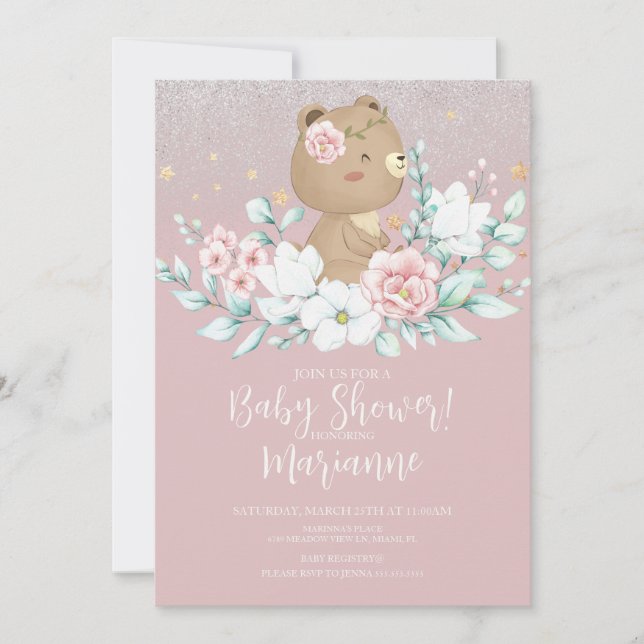 Invitación Oso Ducha Floral Brillo Rosa Suave (Anverso)