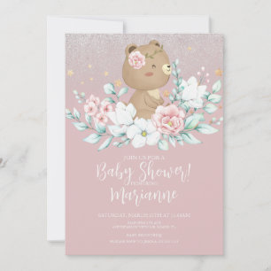 Invitación Oso Ducha Floral Brillo Rosa Suave