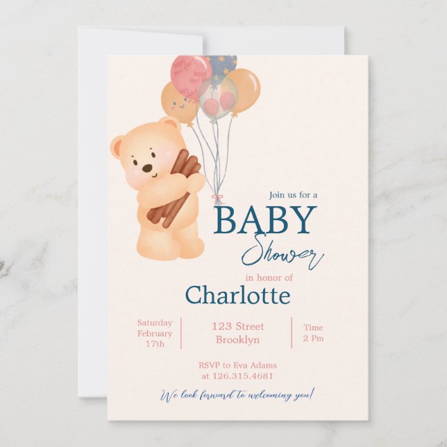 Invitación Oso dulce azul beige con globos Baby Shower (Anverso)