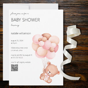 Invitación Oso dulce con globos Código QR de Baby Shower