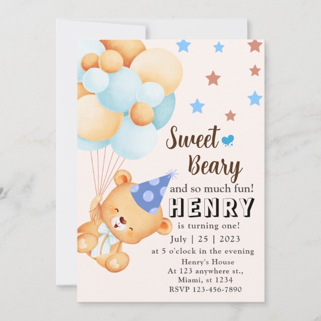 Invitación Oso dulce de Blue Brown con cumpleaños de Balloons (Anverso)