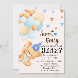 Invitación Oso dulce de Blue Brown con cumpleaños de Balloons