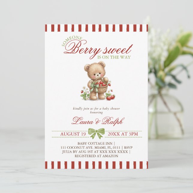 Invitación Oso Dulce de Fresa Baby Shower (Anverso de pie)