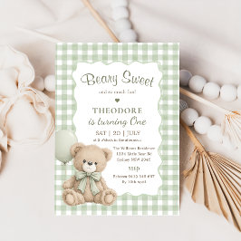 Invitación Oso Dulce Globo Verde Primer Cumpleaños Teddy