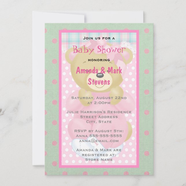 Invitación Oso dulce vestido en Baby Shower rosa (Anverso)