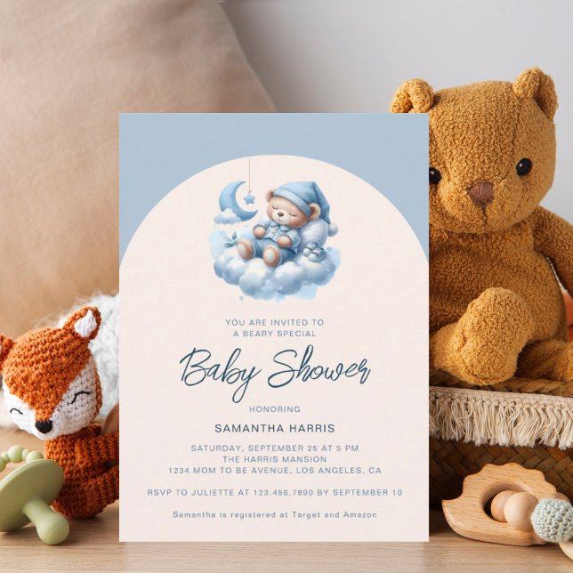 Invitación Oso durmiente sobre la ducha de bebé azul en la nu (Subido por el creador)