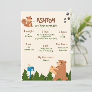 Invitación Oso editable cumpleaños primero bosque oso niño 1e
