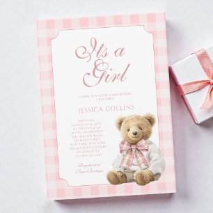 Invitación Oso Elegante a Cuadros Rosas Es una Niña Cumpleaño