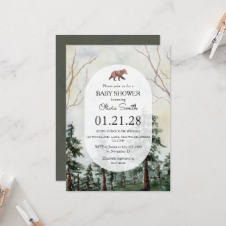 Invitación Oso elegante de bosque de pino acuarela Baby Showe